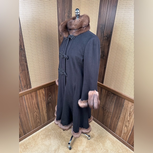 Carlo Tivioli Made in Italy Black Cashmere Wool & Russian Sable Trim Fur Coat - Picture 4 of 11